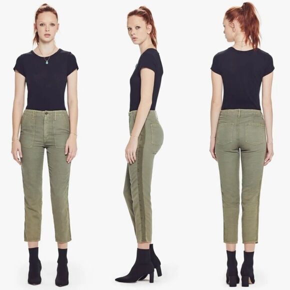 Mother Shaker Crop Pant, Army Green Linen Blend Size 28 - Picture 1 of 9